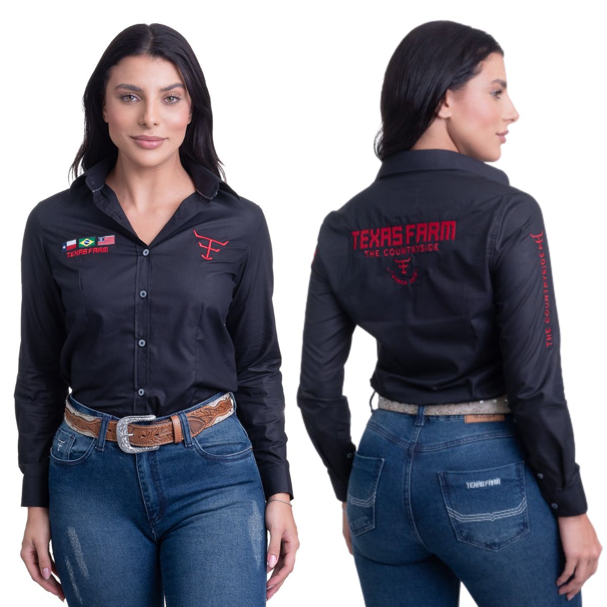 Camisa Feminina Texas Farm Para Competição Manga Longa Preto Com Bordado Vermelho - Ref.CAP007