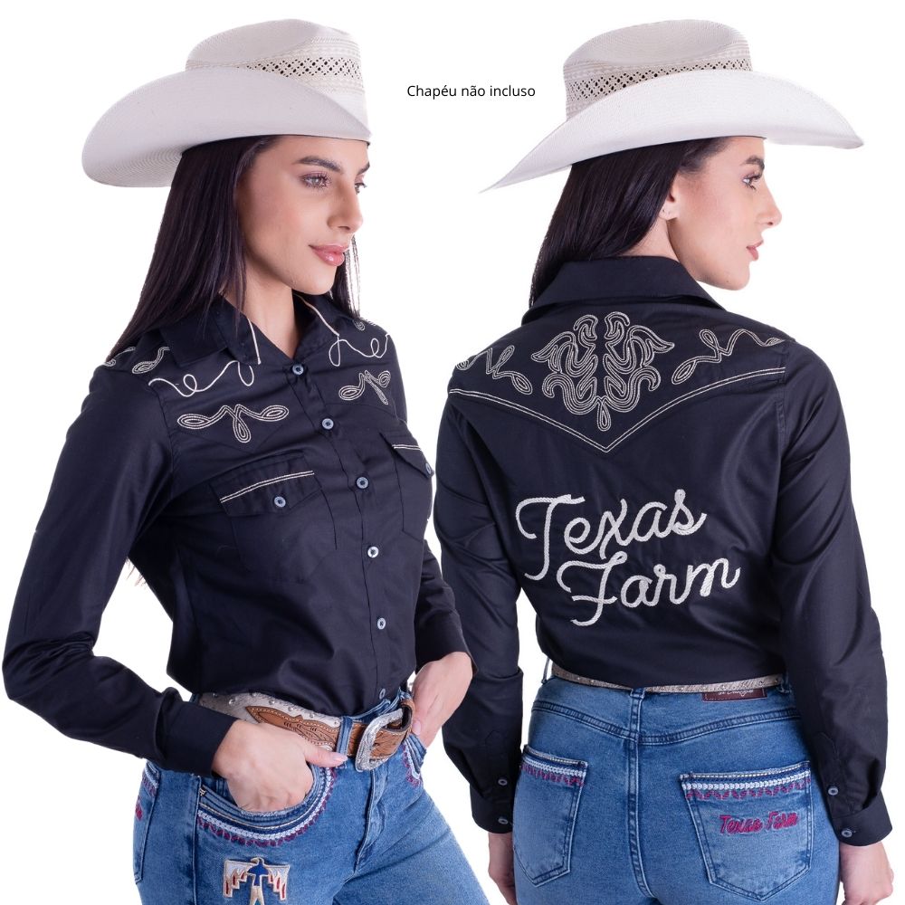 Camisa Feminina Texas Farm Preta Manga Longa Bordada R. CAF124