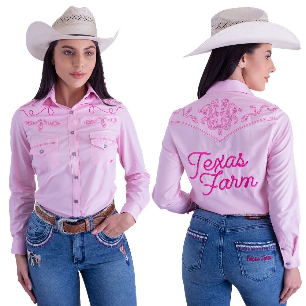 Camisa Feminina Texas Farm Rosa BB Manga Longa Bordada R. CAF124