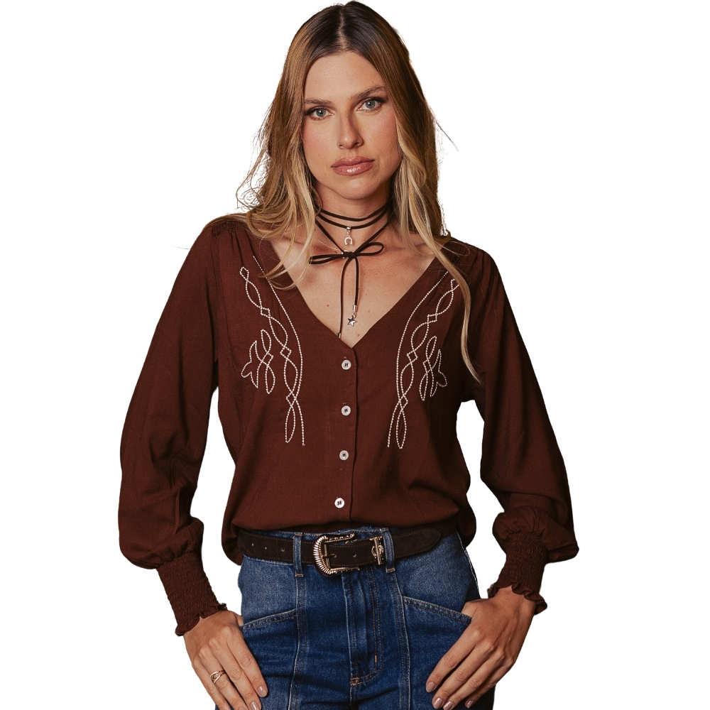 Camisa Feminina Turkese El Paso Marrom Manga Longa Decote V Bordado Branco REF:TS07605