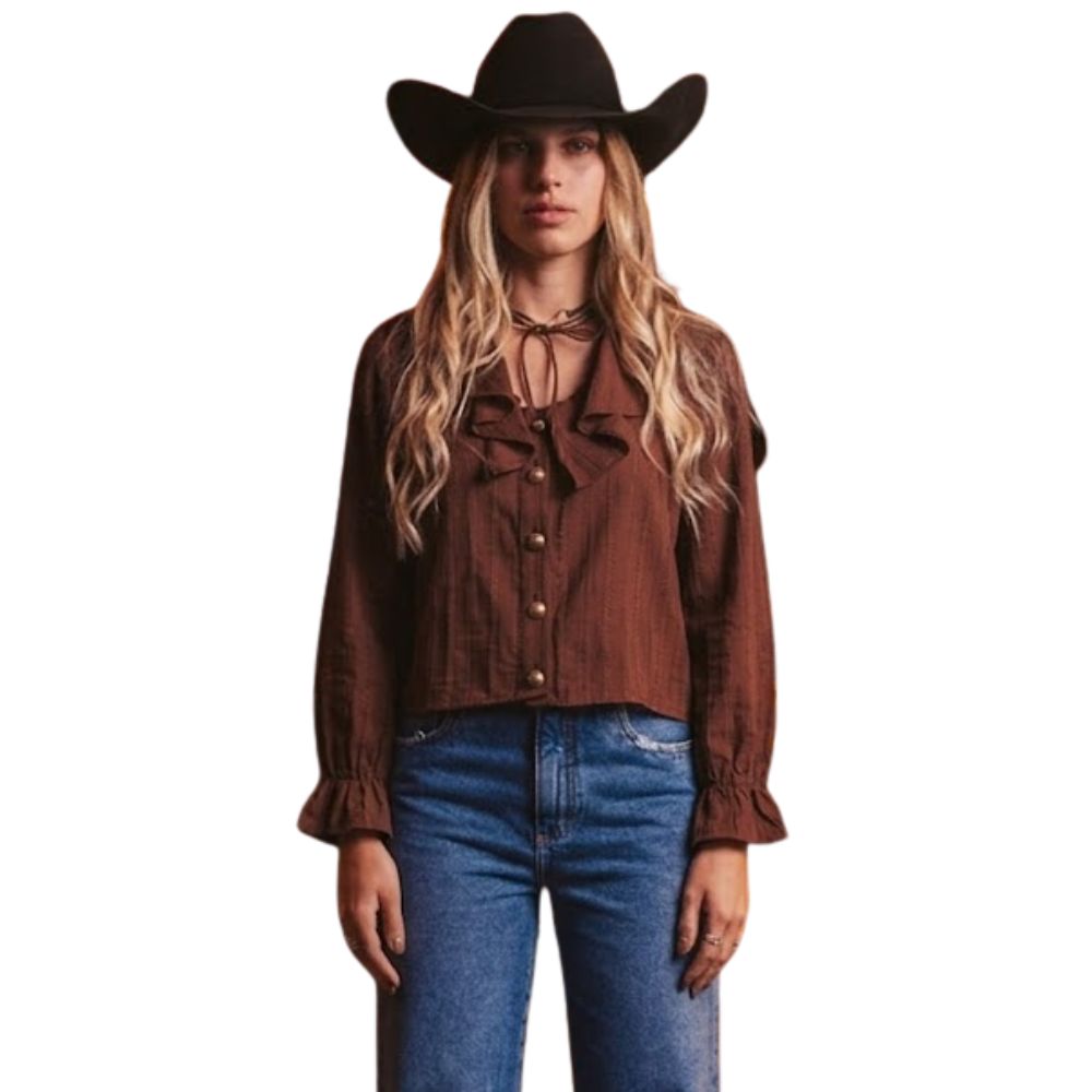 Camisa Feminina Turkese Sienna Brown Manga Longa Marrom Babados Botões Dourados Ref:TS06605