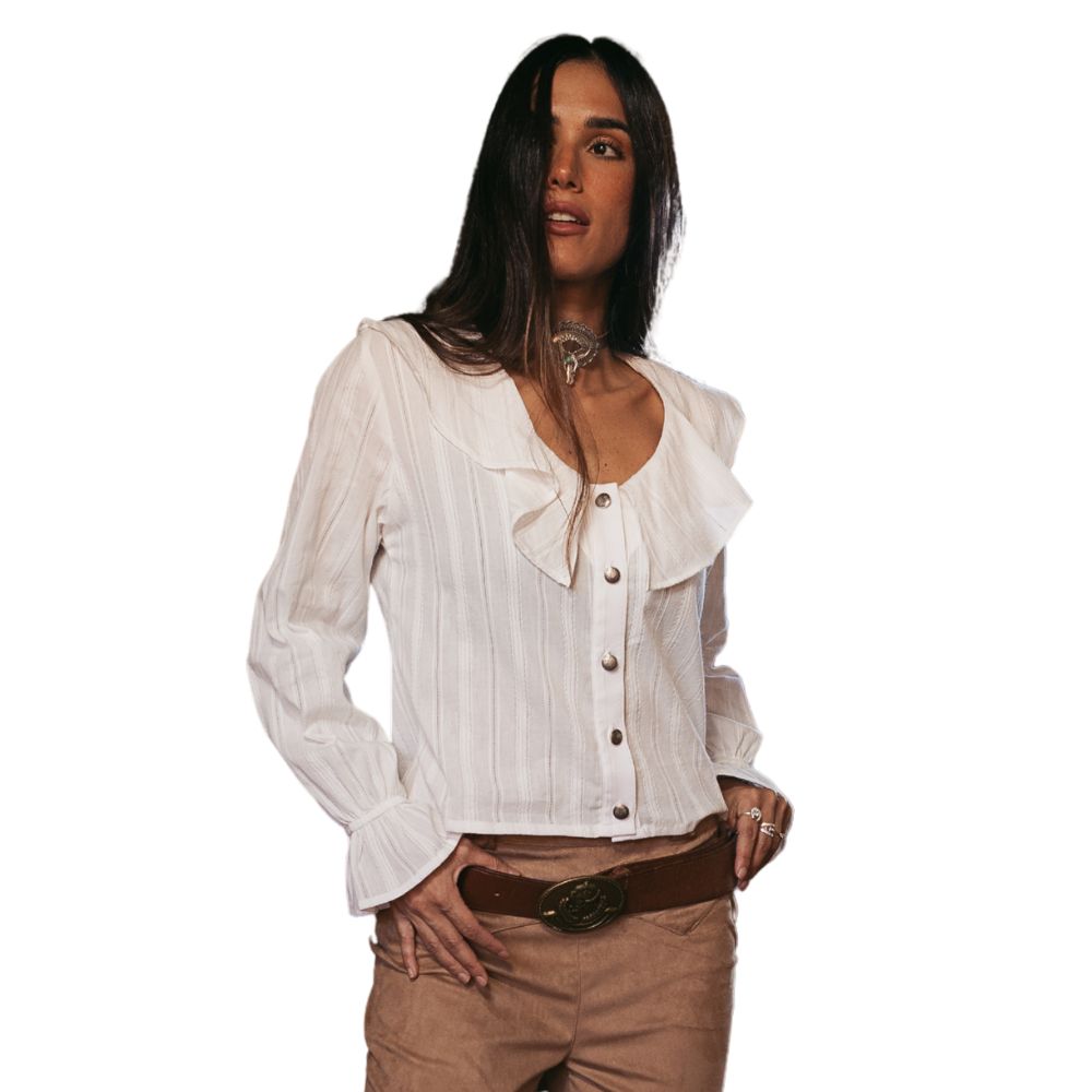 Camisa Feminina Turkese Sienna Manga Longa Branco Babados Ref: TS04608
