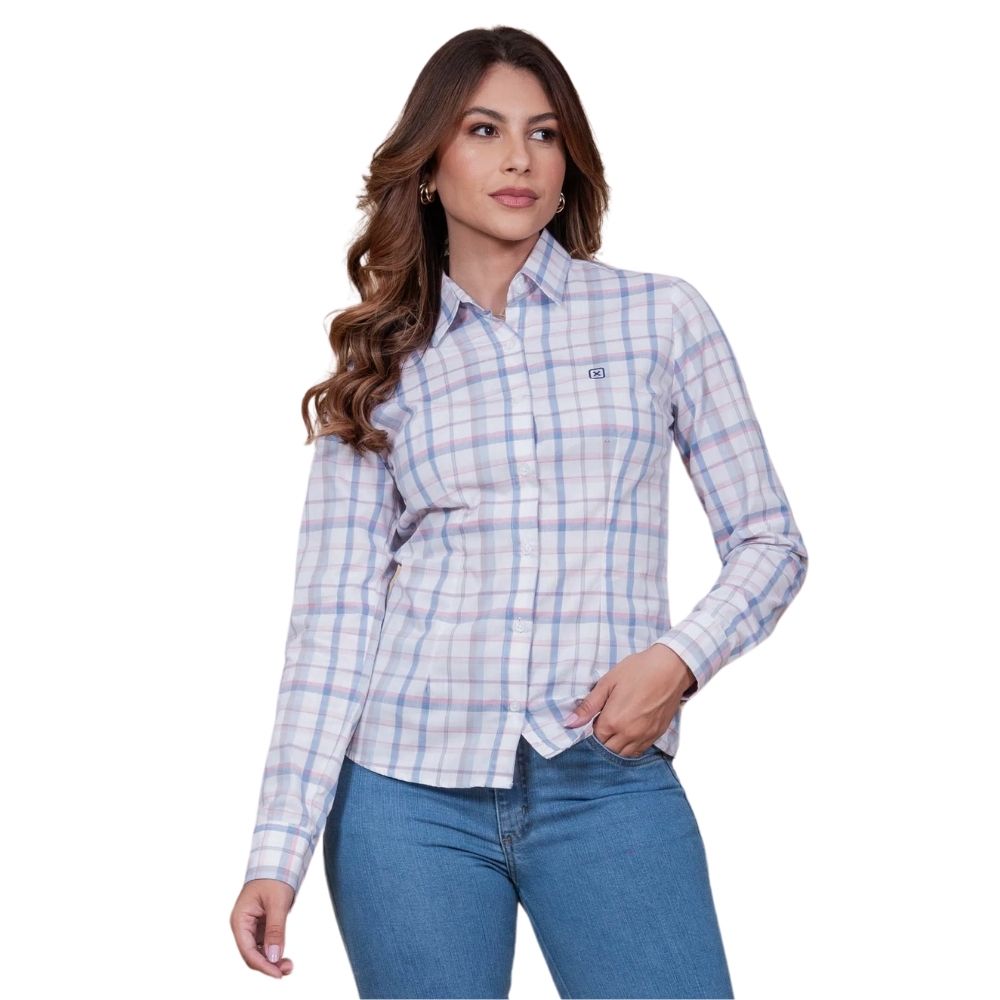 Camisa Feminina TXC Manga Longa Slim Custom Xadrez Branco/Azul Claro/Rosa Bordado Logo Azul Marinho REF: 12260L