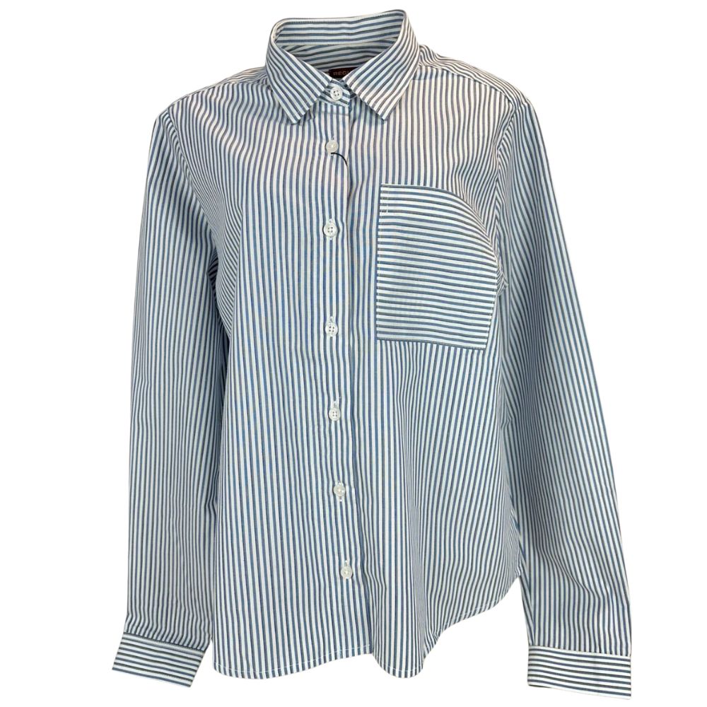 Camisa Feminina TXC Manga Longa Tricoline Listrada Azul E Branco Com Logo Plaquinha Ref:12345L