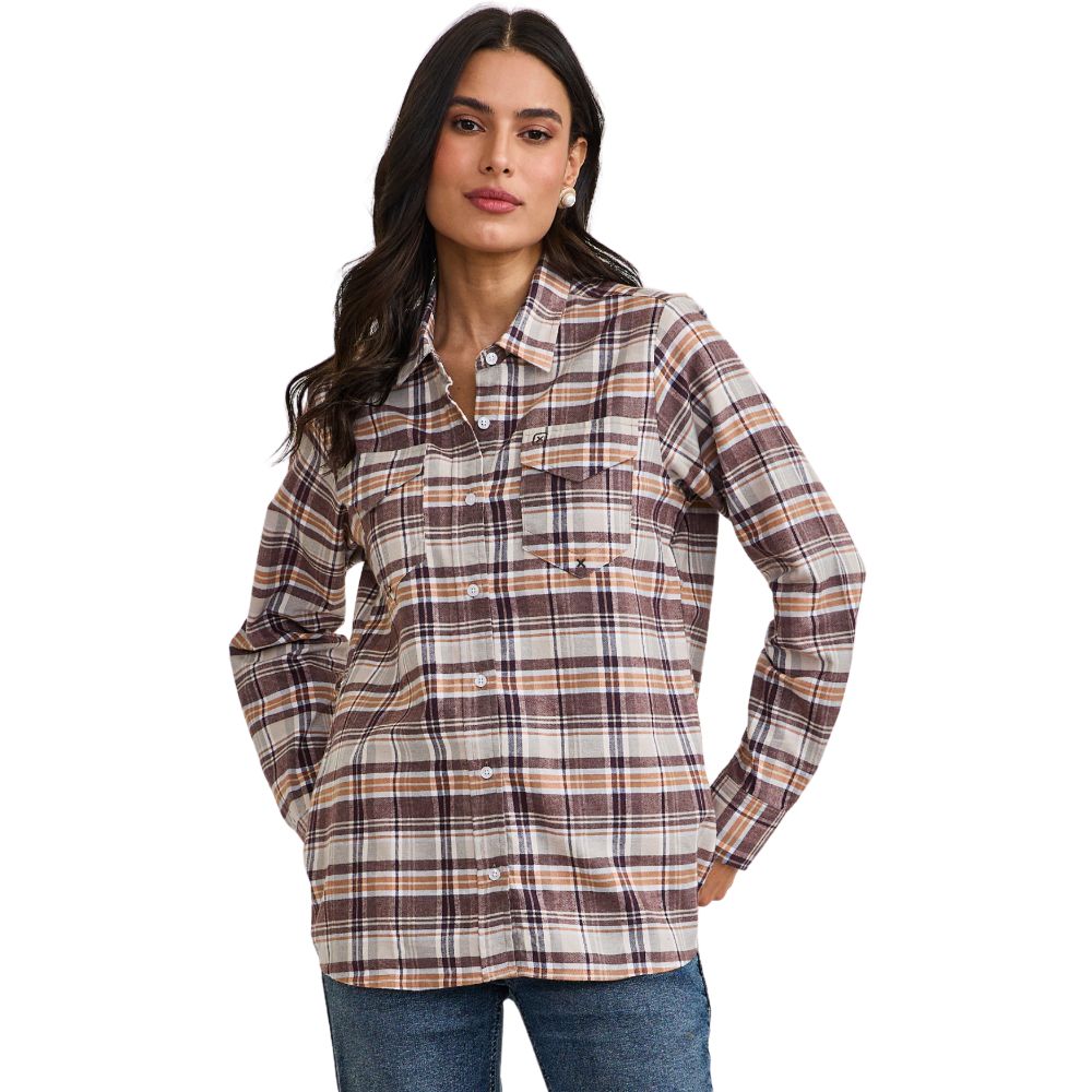 Camisa Feminina TXC Regular Flanelado Manga Longa Xadrez Marrom/Bege E Laranja Logo Marrom Ref:12381L