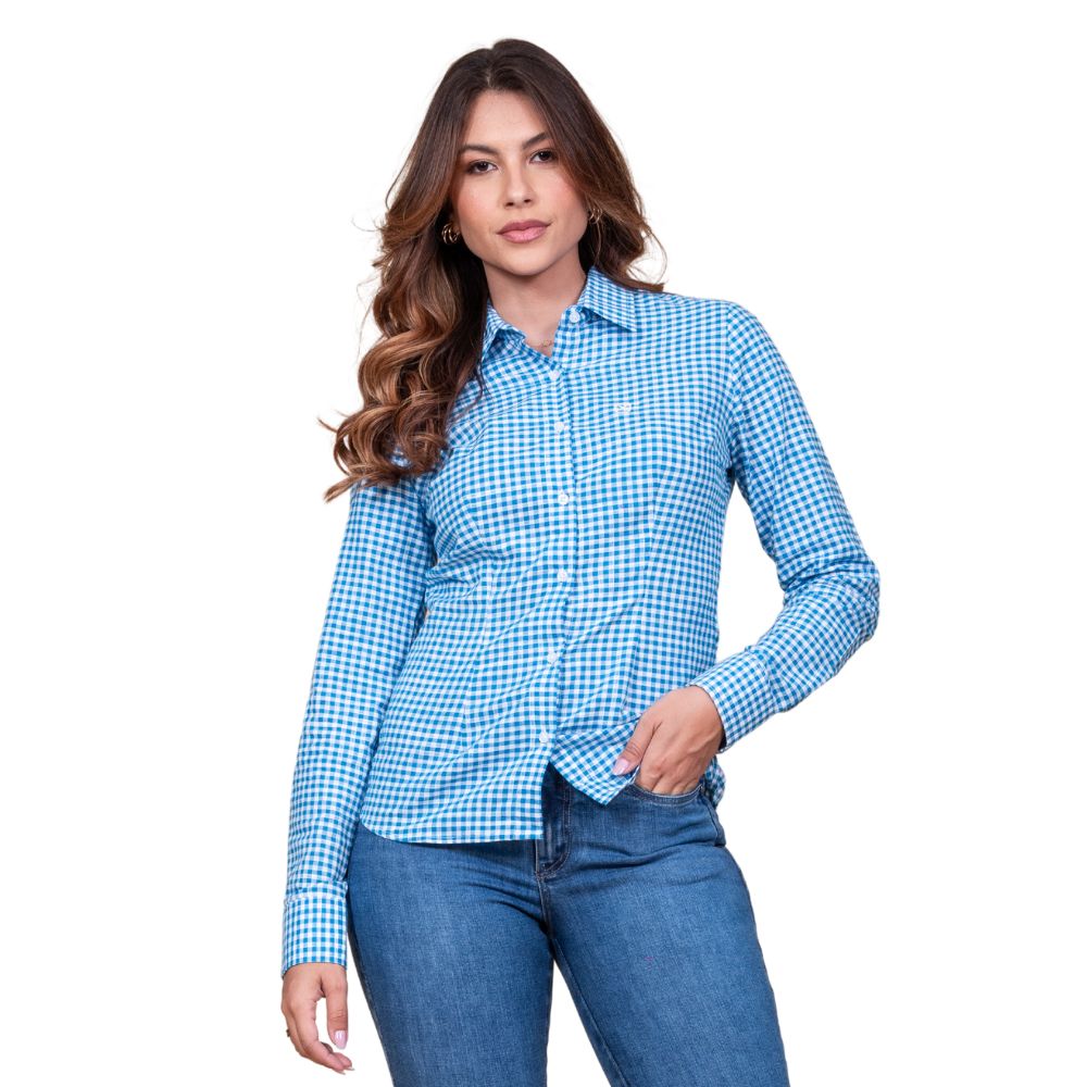 Camisa Feminina TXC Slim Custom Manga Longa Xadrez Azul/Branco Com logo Bordada Em Branco REF: 12264L