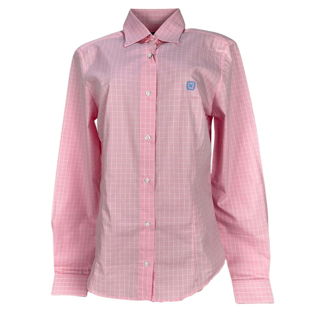 Camisa Feminina TXC Slim Tricoline Xadrez Rosa Manga Longa Com Logo Bordado Azul Claro Ref:12070L