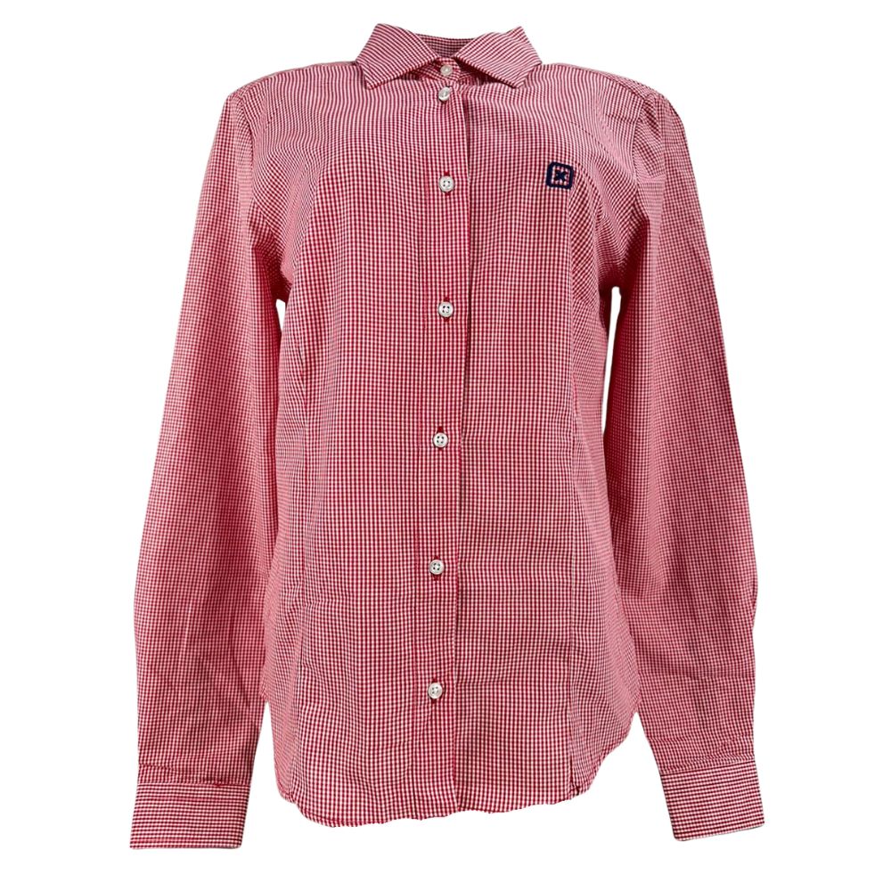 Camisa Feminina TXC Slim Tricoline Xadrez Vermelho Manga Longa Com Bordado Azul Ref:12053L