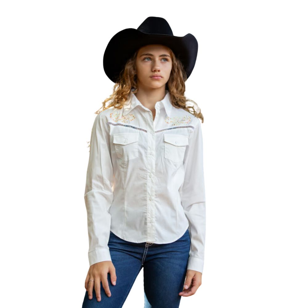 Camisa Feminina West Dust Branca Manga Longa Romantic Bordada Com Peras Coloridas Ref:29380