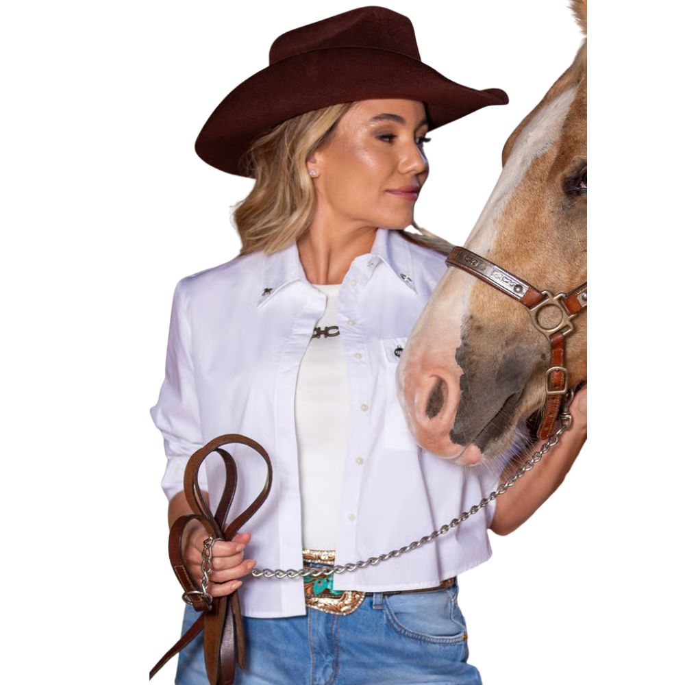 Camisa Feminina West Dust Cropped Fay Branca Manga Longa Com Pingente Na Gola Ref:CA29540