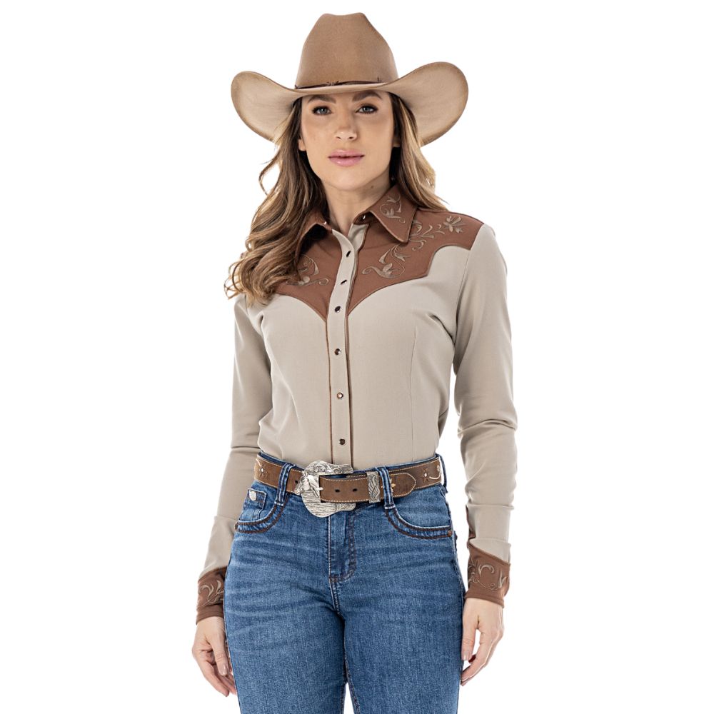Camisa Feminina Zenz Western Bison Manga Longa Kaqui Marrom Bordados Ref: ZWO126006-1628