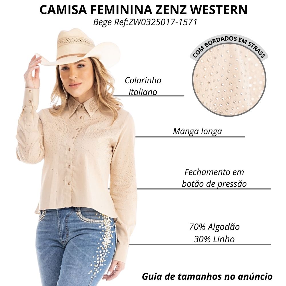 Camisa Feminina Zenz Western Maple Manga Longa Bege Com Bolso