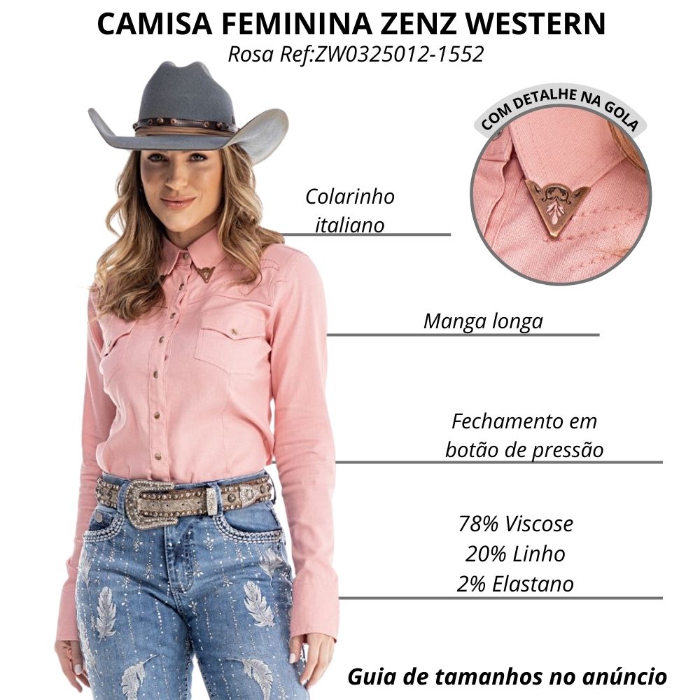 Camisa Feminina Zenz Western Petite Paloma Manga Longa Rosa Com
