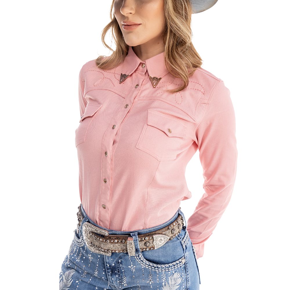 Camisa Feminina Zenz Western Petite Paloma Manga Longa Rosa Com
