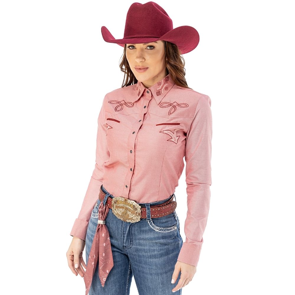 Camisa Feminina Zenz Western San Diego Manga Longa Rosa Escuro bordados Bordô E Branco  Ref: 1515 - ZW0225018