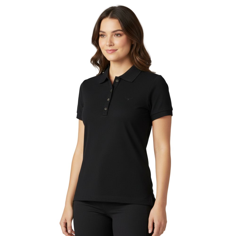 Camisa Polo Feminina Os Moiadeiros Preto Com Logo Bordado Preto Ref:CPF47
