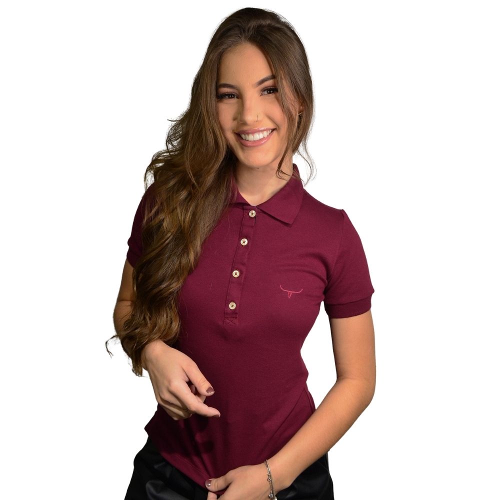 Camisa Polo Feminina Os Moiadeiros Vinho Com Logo Bordada em Vinho Ref.CPF38