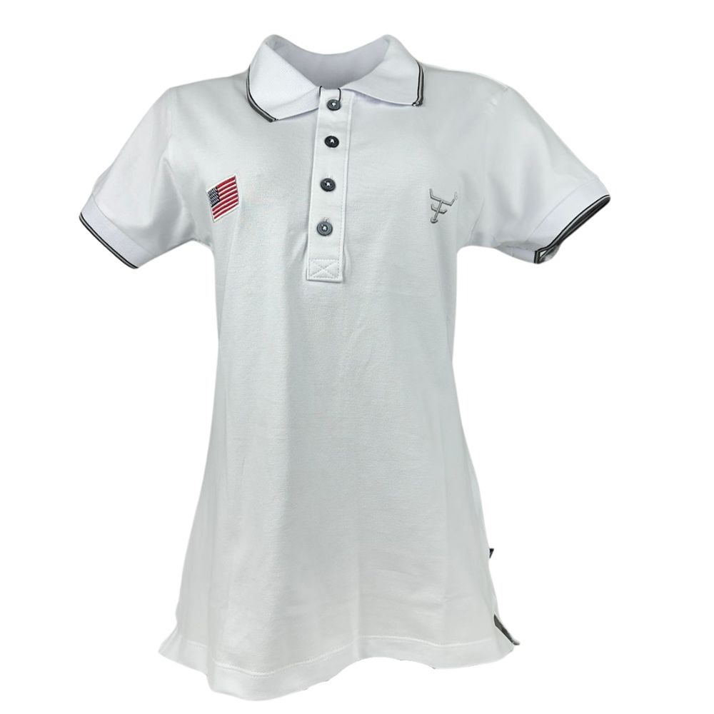 Camisa Polo Feminina Texas Farm New Style Manga Curta Branco Com Logo Bordado Cinza E Bandeira U.S.A Ref:CPF0008