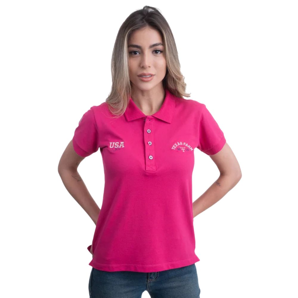 Camisa Pólo Feminina Texas Farm New Style Manga Curta Rosa Escuro Com Bordado Logo U.S.A Em Creme Ref:CP F006