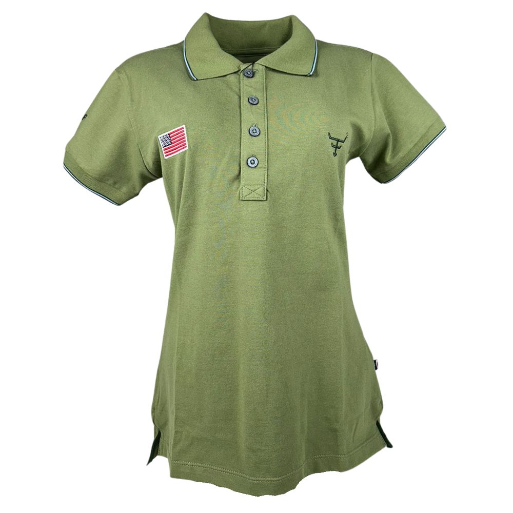 Camisa Polo Feminina Texas Farm New Style Manga Curta Verde Oliva Com Bordado Logo Verde E Bandeira U.S.A Ref:CPF0008