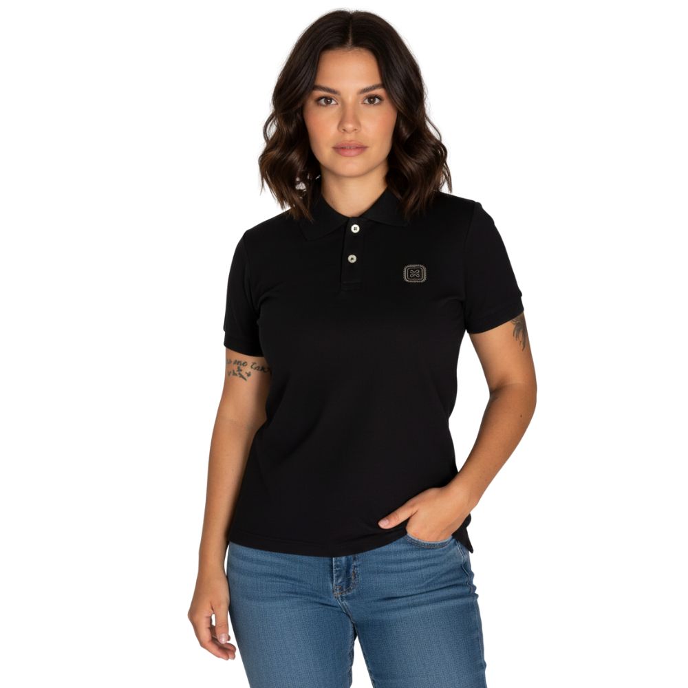 Camisa Polo Feminina TXC Custom Slim Piquet Manga Curta Preto Com Logo Strass Ref:27345