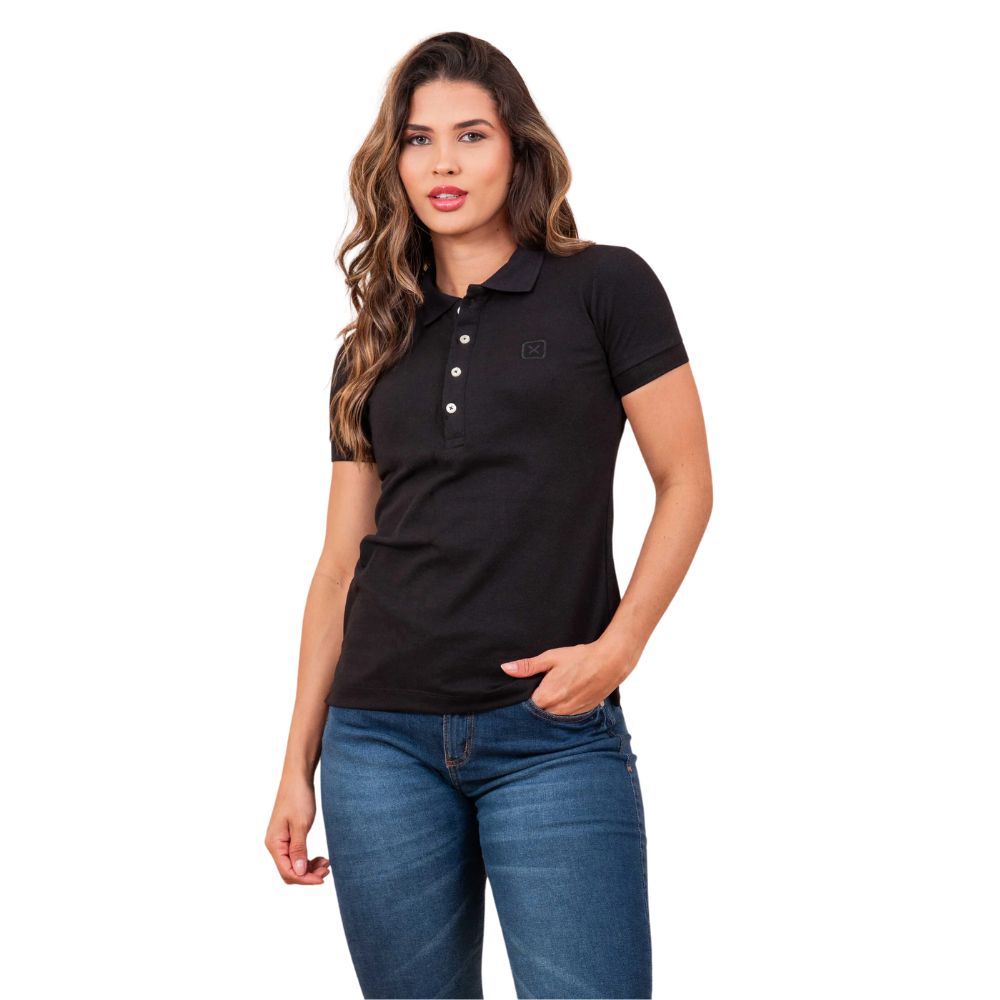 Camisa Polo Feminina TXC Preta Com Logo Bordada Ref:27057