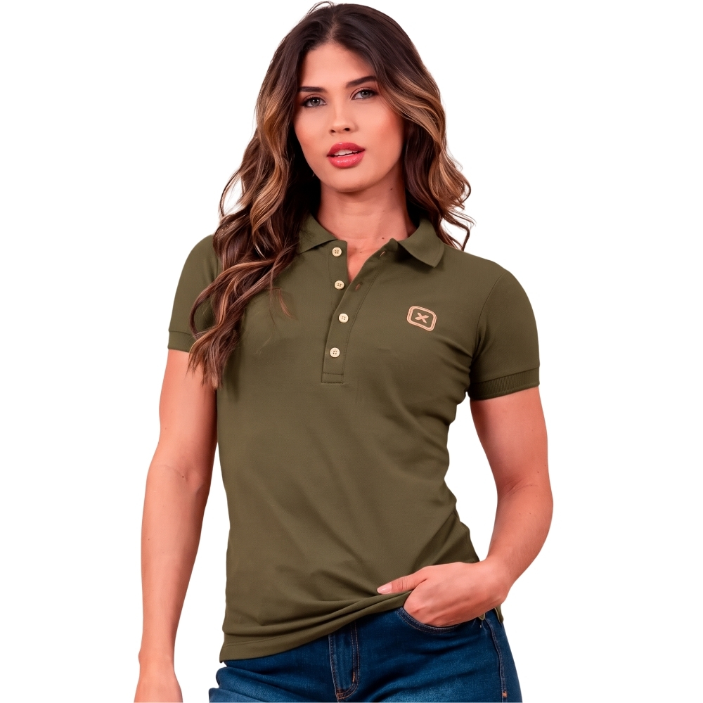 Camisa Polo Feminina TXC Slim Piquet Manga Curta Verde Militar Logo Bege Escuro REF:27113