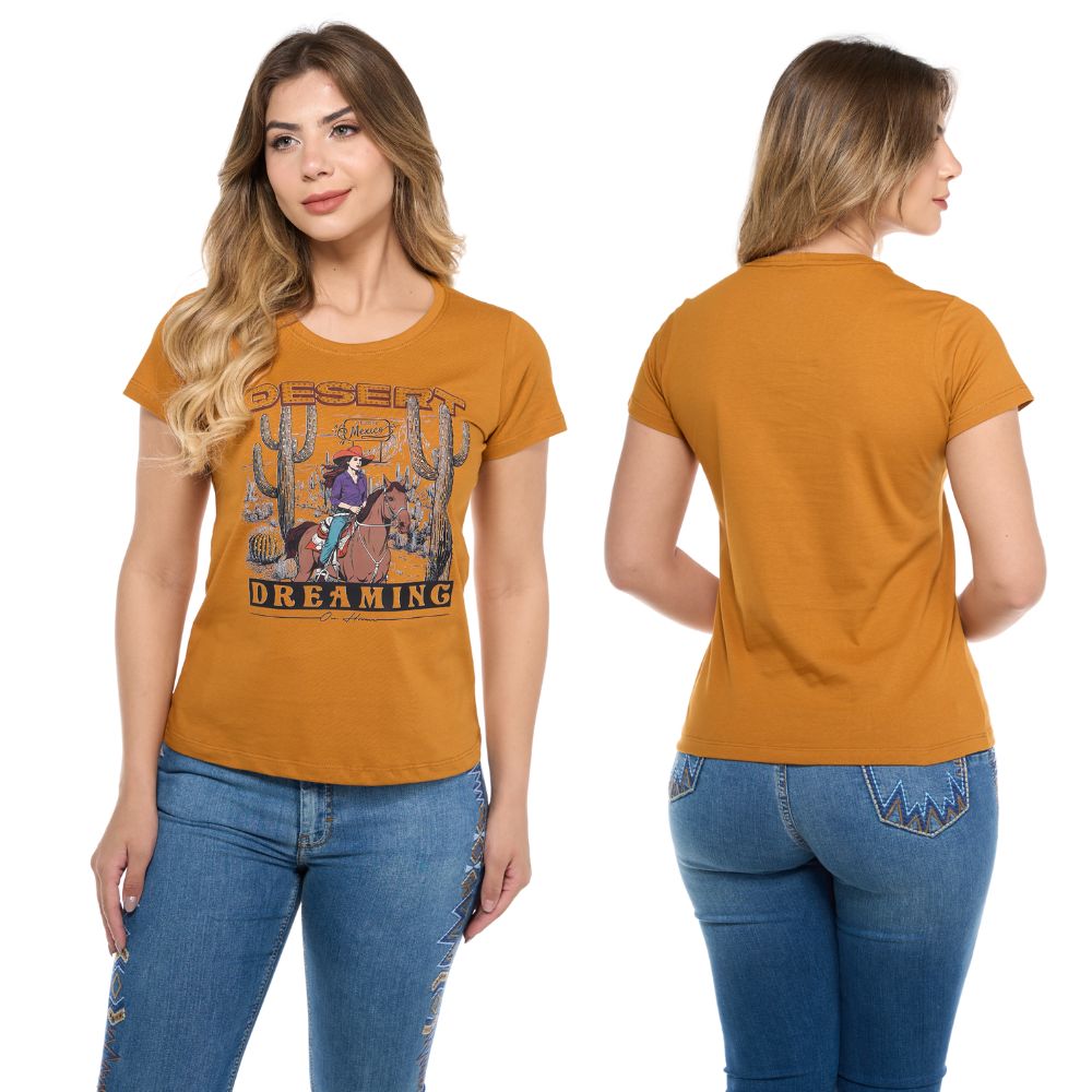 Camiseta TShirt Feminina Ox Horns Mostarda Manga Curta Com Escrita Desert Com Brilho Ref:6461