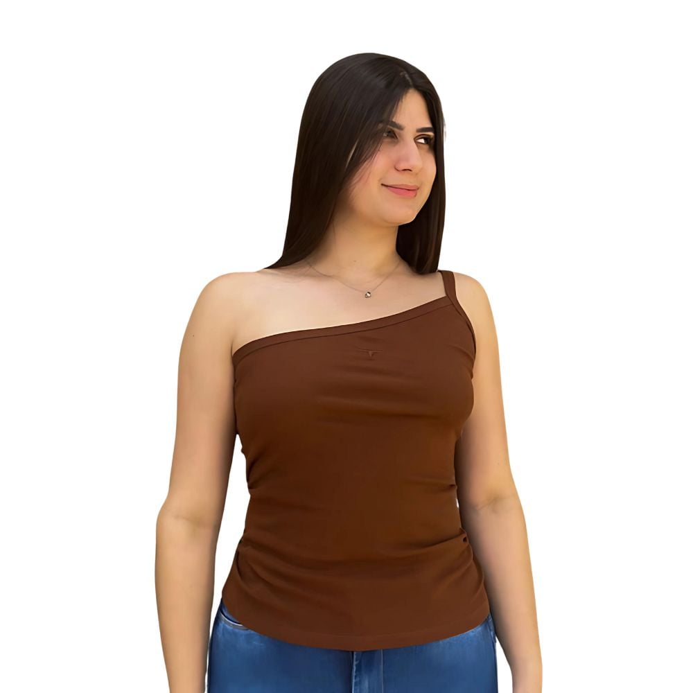 Camiseta 1 Ombro Só Feminina Marrom Os Moiadeiros Com Logo Bordada Ref.CMRF35
