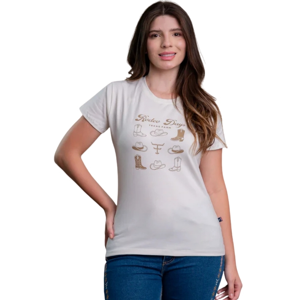 Camiseta Feminina Texas Farm Baby Look Off White Com Estampa Em Marrom REF:CF364