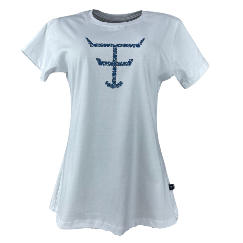 Camiseta Babylook Feminina Texas Farm Branca Manga Curta Com Logo Azul De Flores Ref: CF268