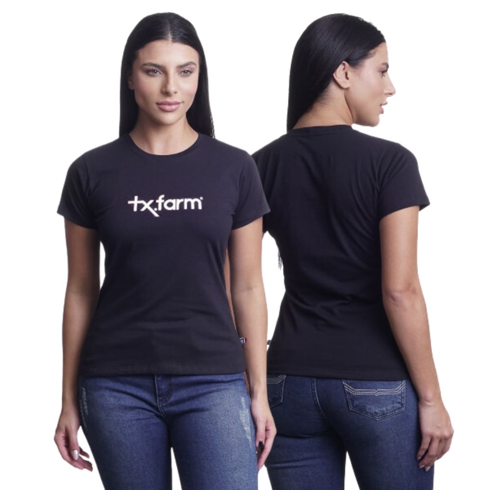 Camiseta Babylook Feminina Texas Farm Preta Manga Curta Com Logo Em Branco Ref:CF129