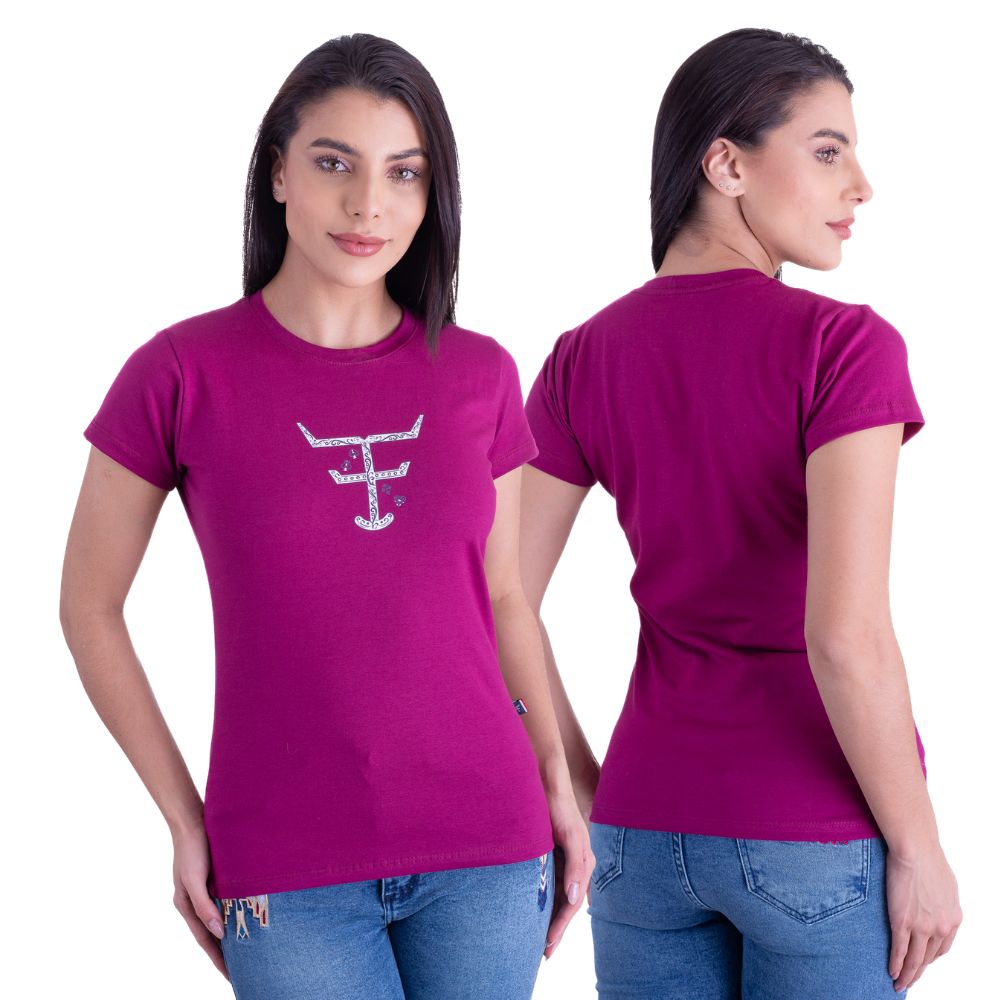 Camiseta Babylook Feminina Texas Farm Roxo Amora Manga Curta Com Logo Em Branco E Lilás Ref:CF299