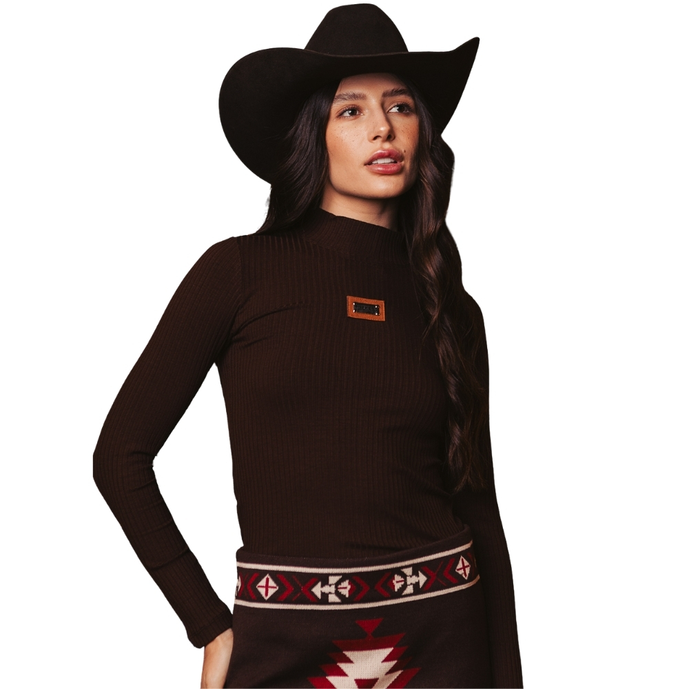 Camiseta Feminina Turkese Brown Manga Longa Tecido Marrom Canelada Gola Alta EF:BL03