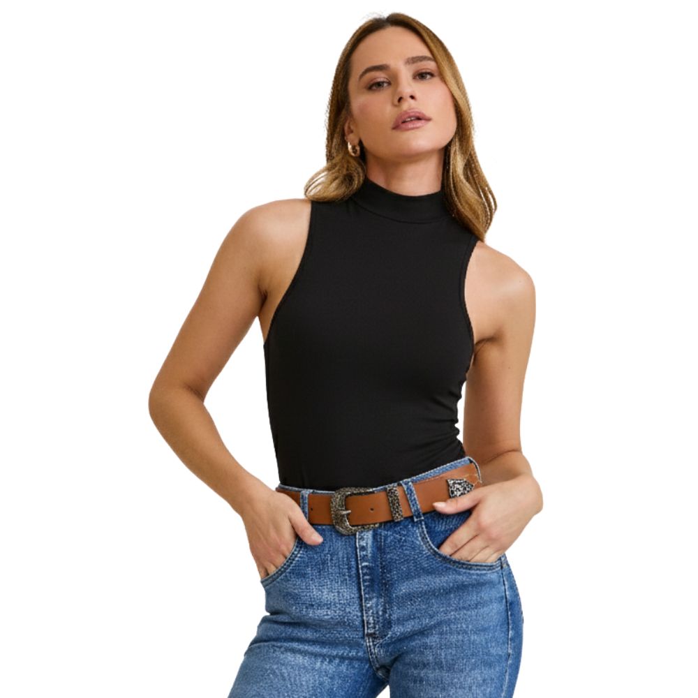 Regata Feminina TXC Viscose Preta Gola Alta Com Logo Bordado Ref:51298