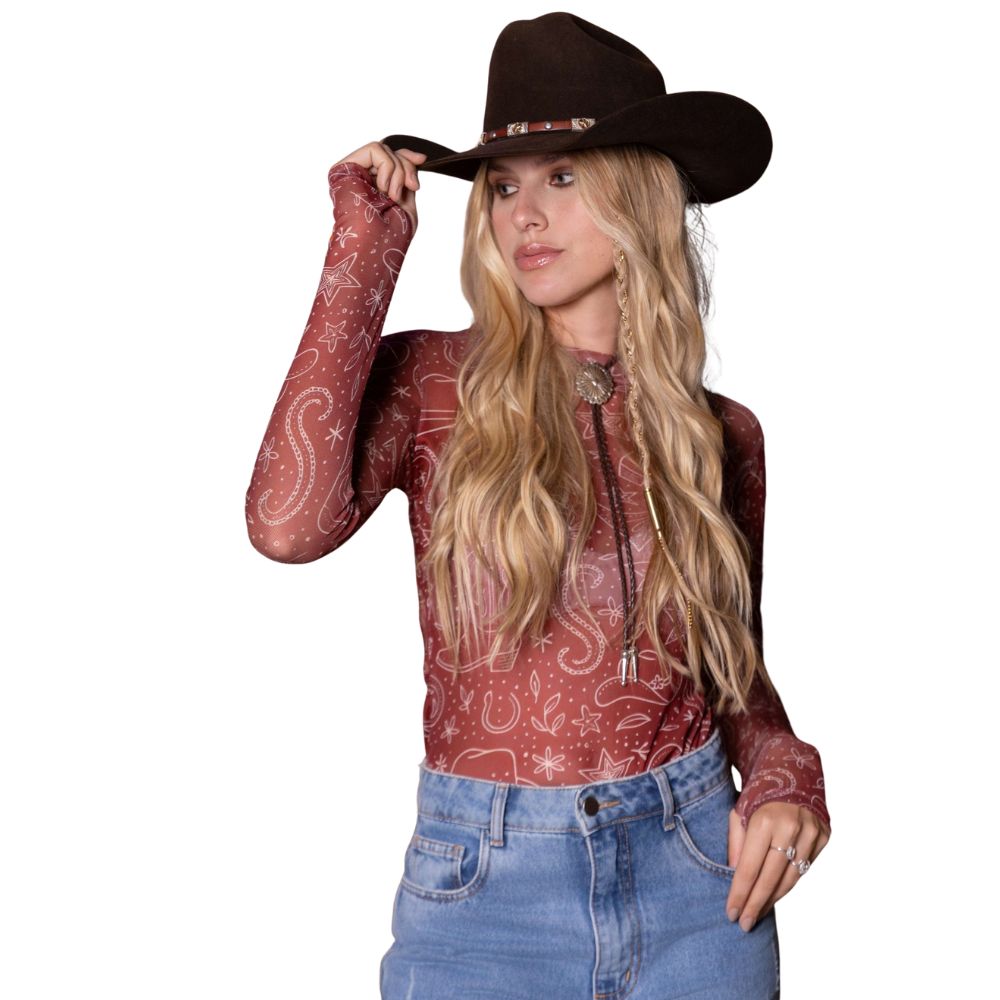 Camiseta Feminina Turkese De Tule Texas Holdem Manga Longa E Gola Bordô Estampado Ref:BL11504