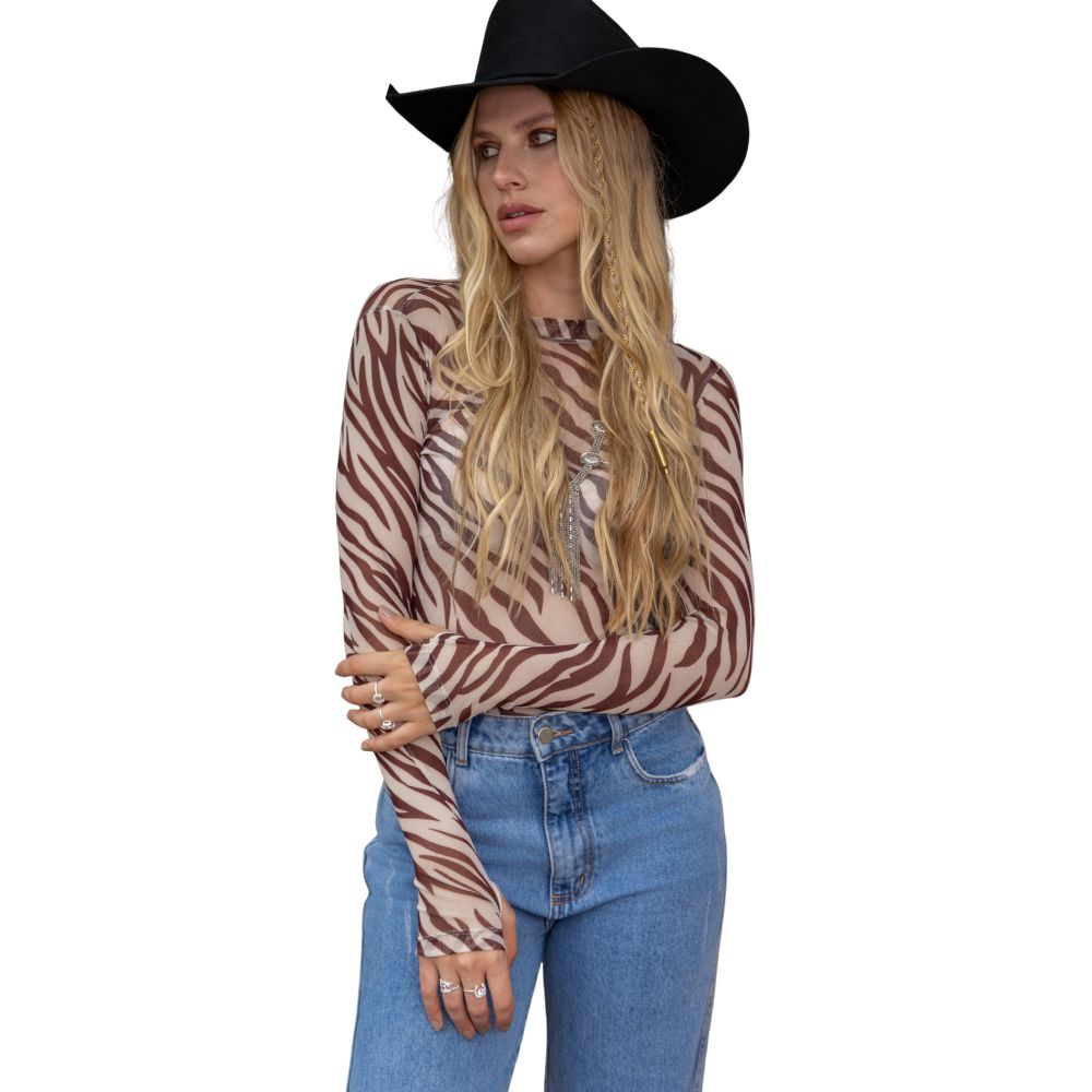 Camiseta Feminina Turkese De Tule Zebra Print Marrom E Bege Manga Longa E Gola Alta Ref:BL11506