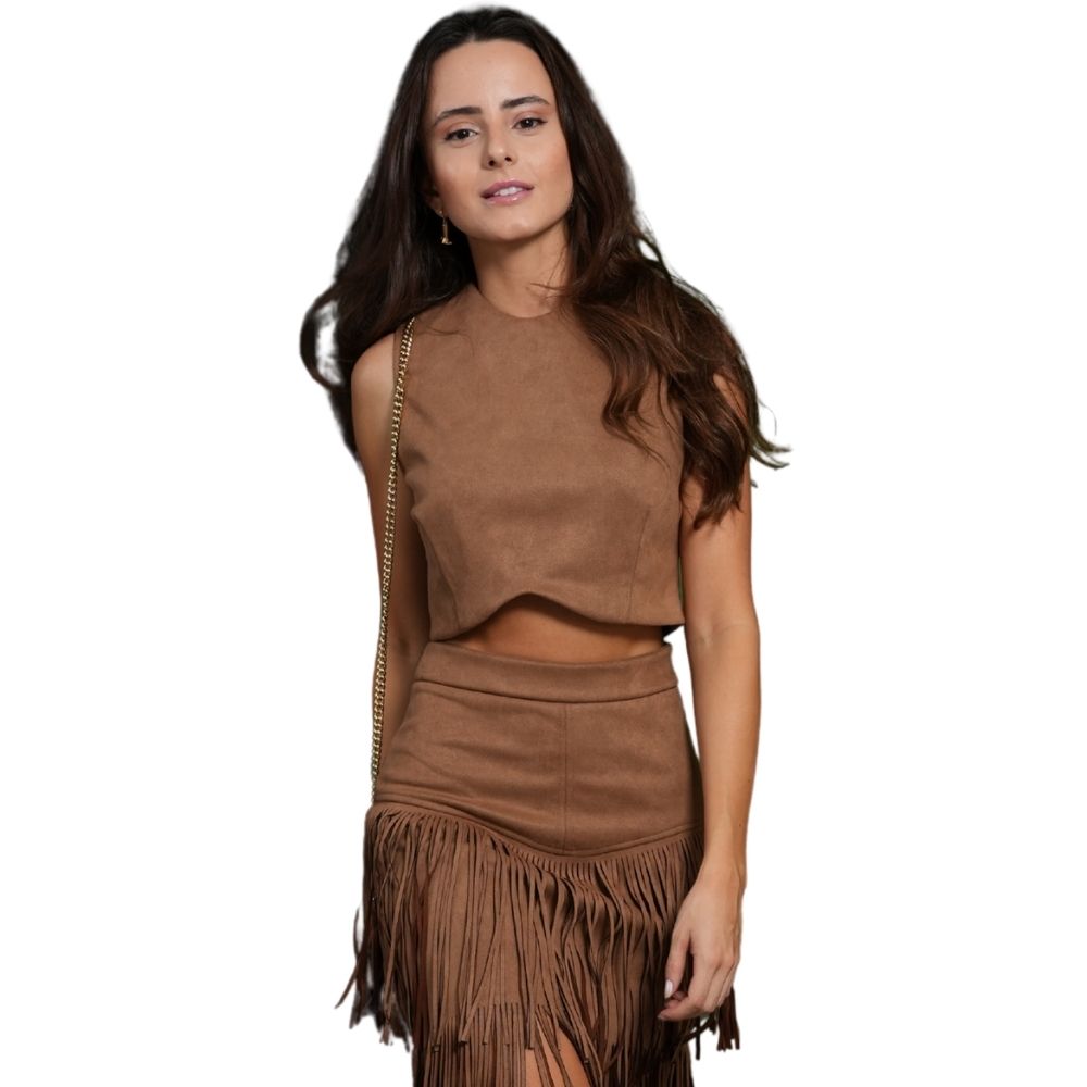 Camiseta Cropped Feminina Country City Alice Sem Manga Marrom REf: CJ2091C