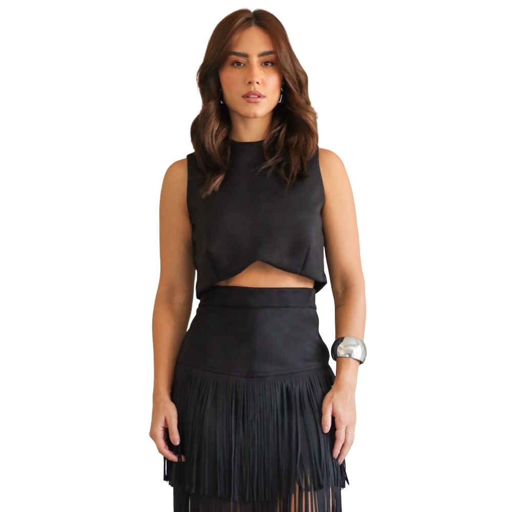 Camiseta Cropped Feminina Country City Alice Sem Manga Preto REf: CJ20911C