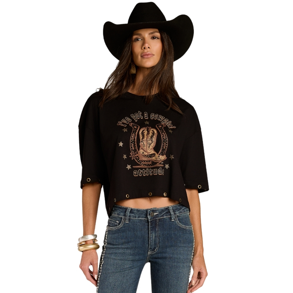 Cropped Feminino Moon Horse Over Preto Estampa Bordado Tachinhas Detalhe Ilhós REF01.13.508