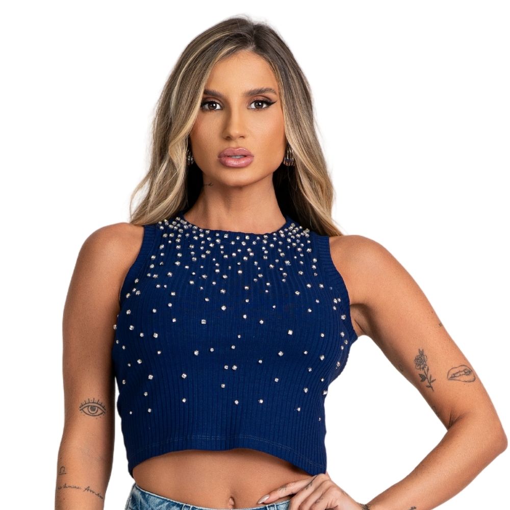 Camiseta Cropped Feminino Buphallos Azul Sem Manga Com Bordado De Strass Ref: BPL1208