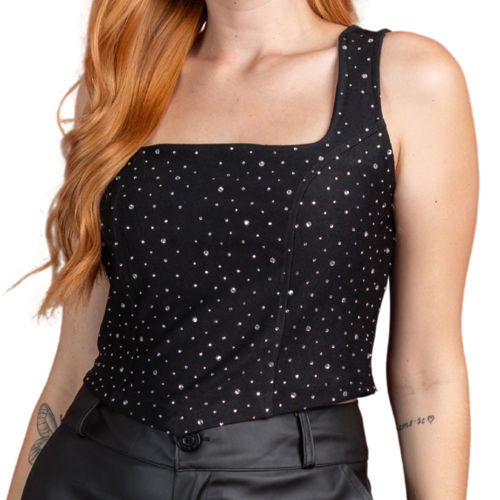 Camiseta Cropped Feminino Miss Country Com Alças Largas Preto Com Strass E Zíper Ref:3288