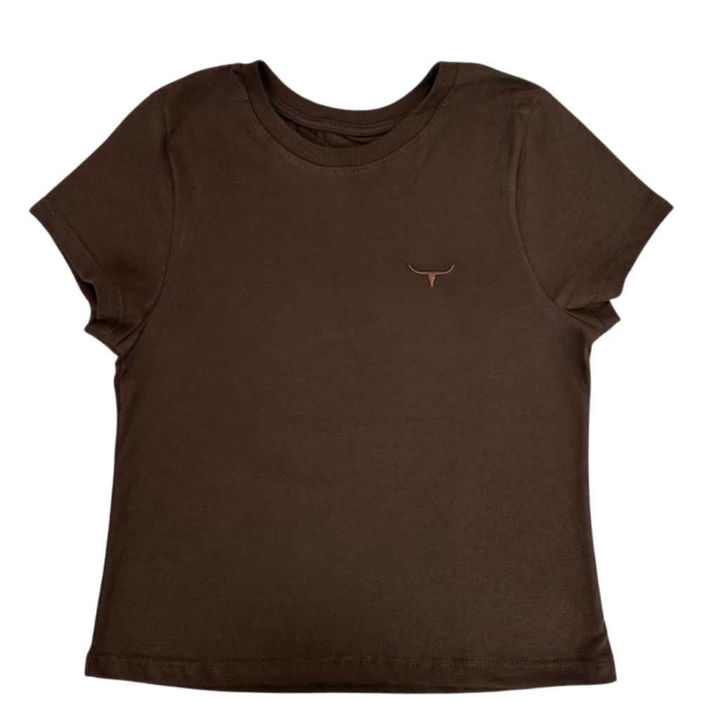 Camiseta Cropped Feminino Os Moiadeiros Manga Curta Básica Marrom Café Com Logo Bordado Ref:CRMF18