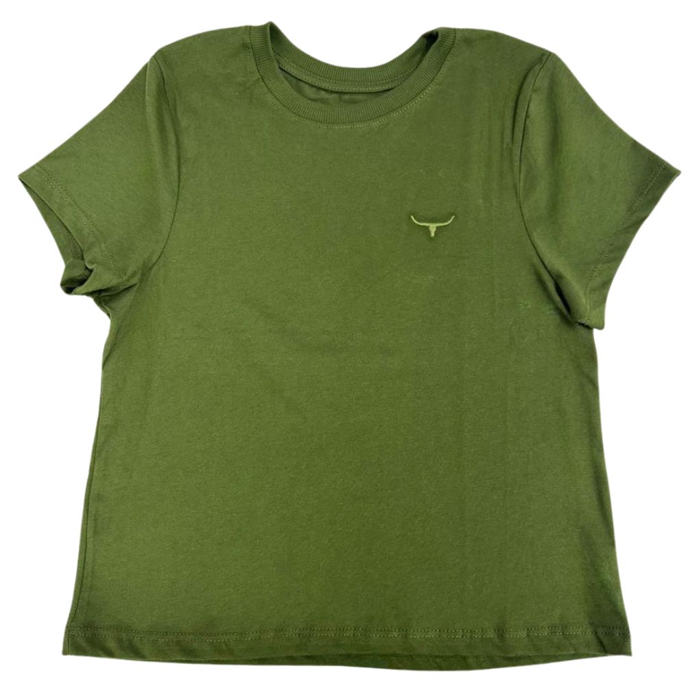 Camiseta Cropped Feminino Os Moiadeiros Manga Curta Básica Teen Verde Escuro Com Logo Bordado Ref:CRMF57