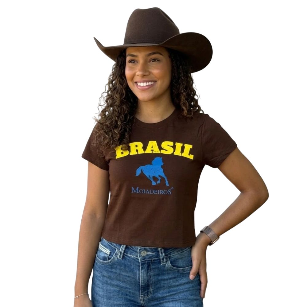 Cropped Feminino Moiadeiros Manga Curta Marrom Estampada Brasil Horse Ref:CROP008 COPA 2026
