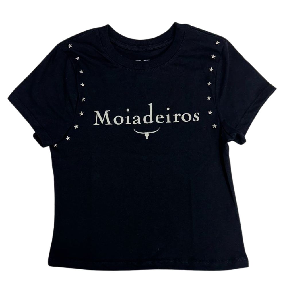 Camiseta Cropped Feminino Os Moiadeiros Manga Curta Preta Com Bordado Estrelas E Estampado Logo Cinza Ref:CRMF60