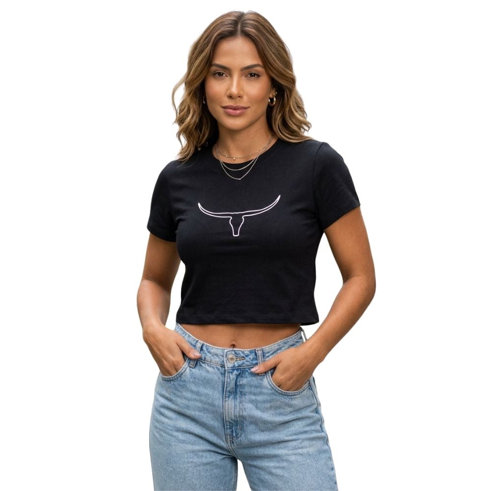 Cropped Feminino Os Moiadeiros Manga Curta Preto Estampada Long Horn Branco Ref:CROP010