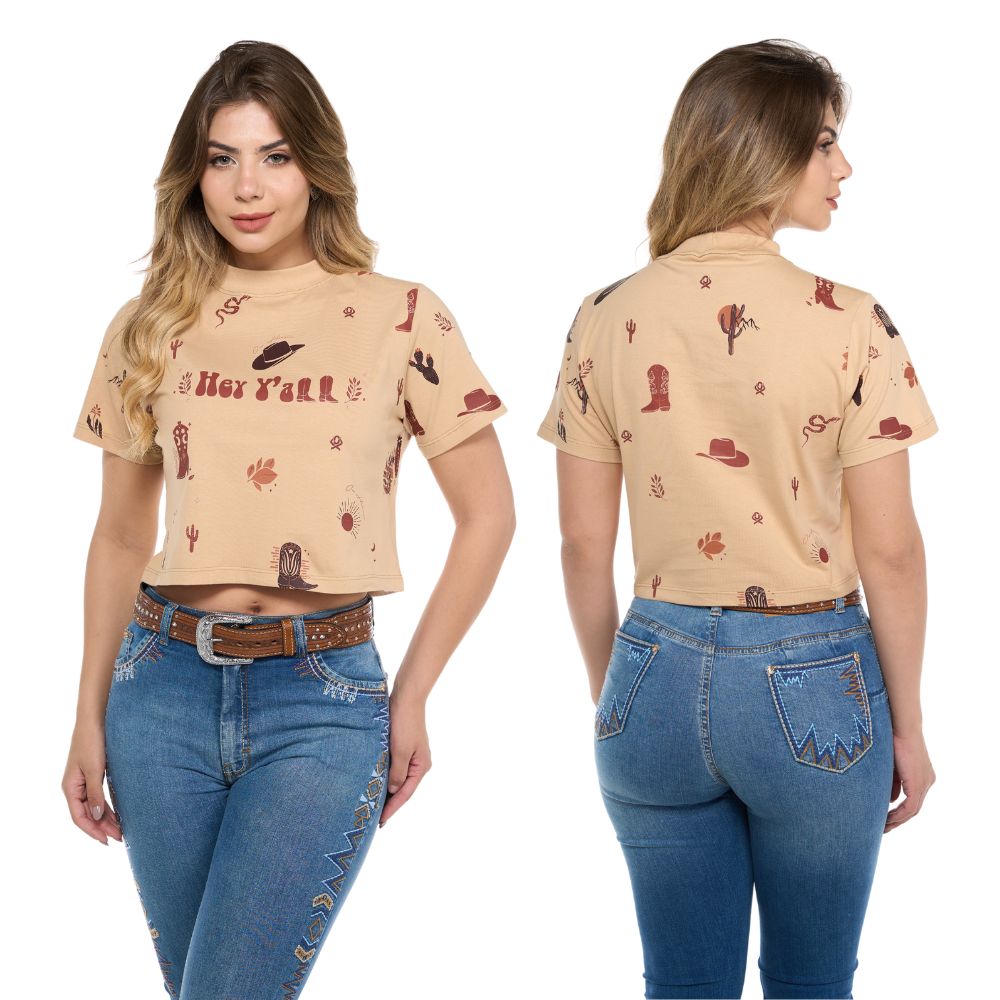 Camiseta Cropped Feminino Ox Horns Nude Com Estampa De Bota E Chapéu Ref:6455