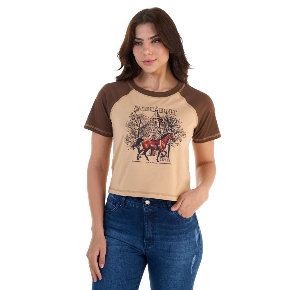 Camiseta Cropped Feminino Ox Horns Raglan Nude Marrom Com Estampa De Cavalo Ref:6515