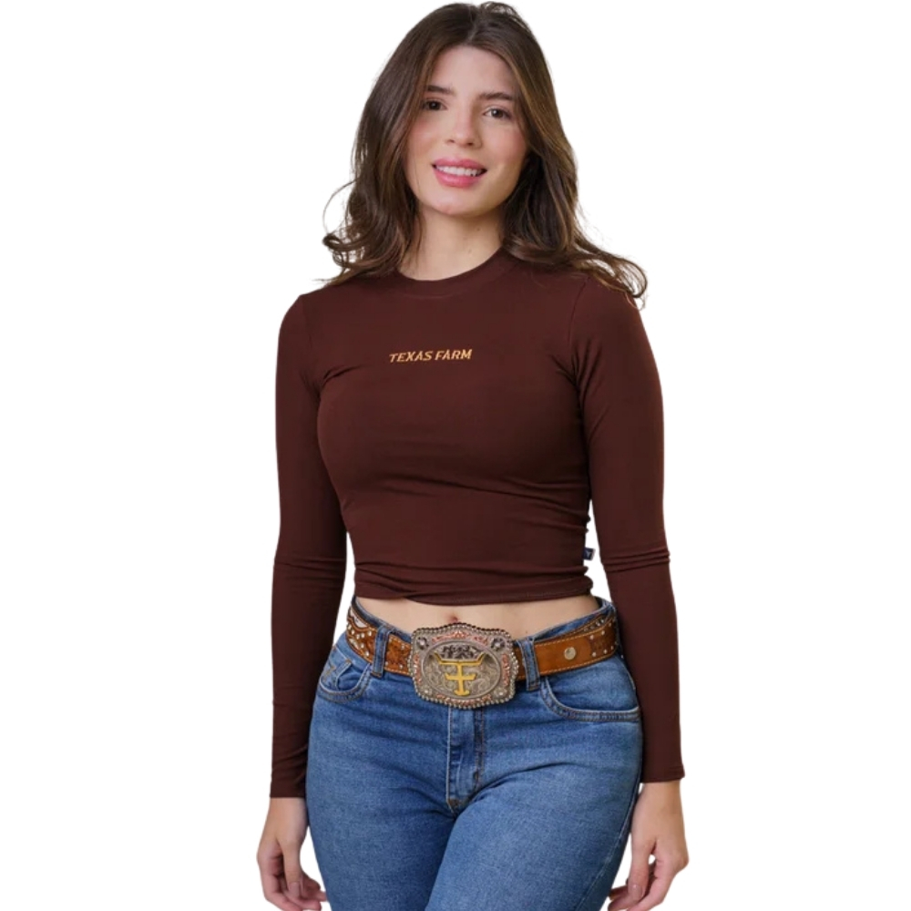 Cropped Feminino Texas Farm Manga Longa Cowgirl Skin Marrom Café Logo Caramelo Ref:CCS001